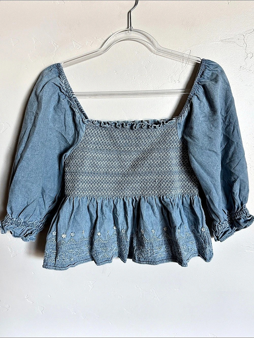 American Eagle Smocked Denim Embroidered Peplum Top Blue Smocked Floral Blouse